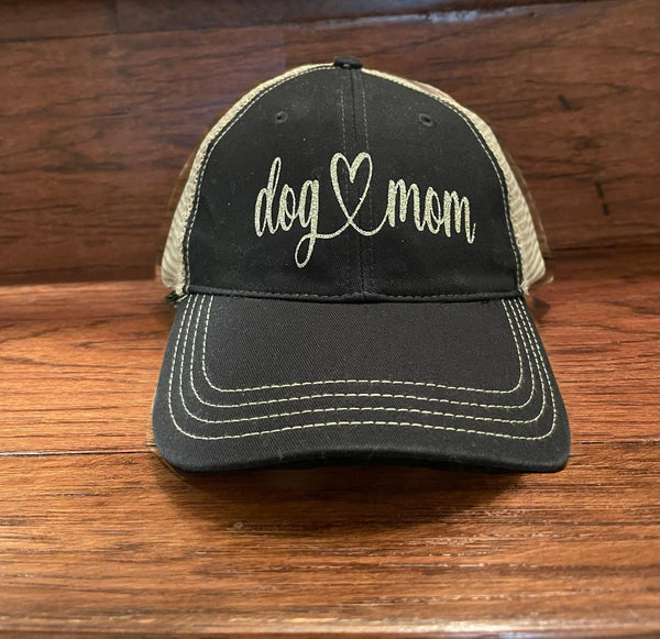Black/Tan Trucker Hat-Champagne "Dog Mom"