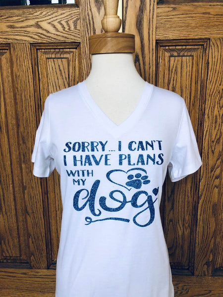Plans With My Dog White V-Neck Tee